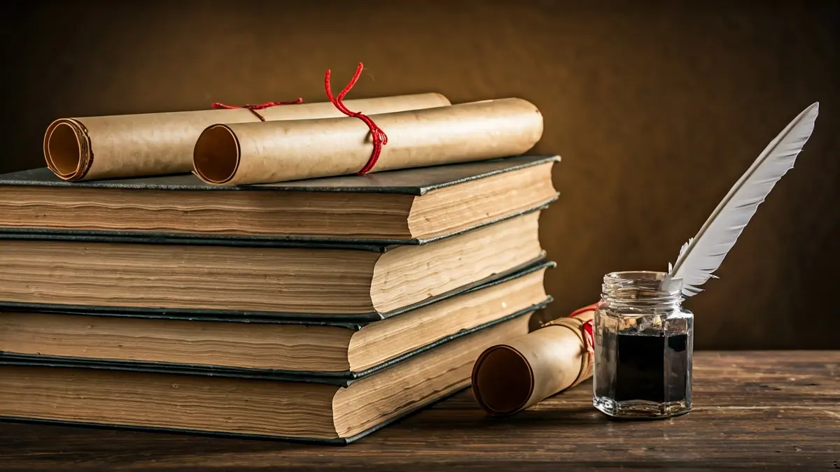 Generic image of ancient books and writing tools, symbolizing study and philosophy.