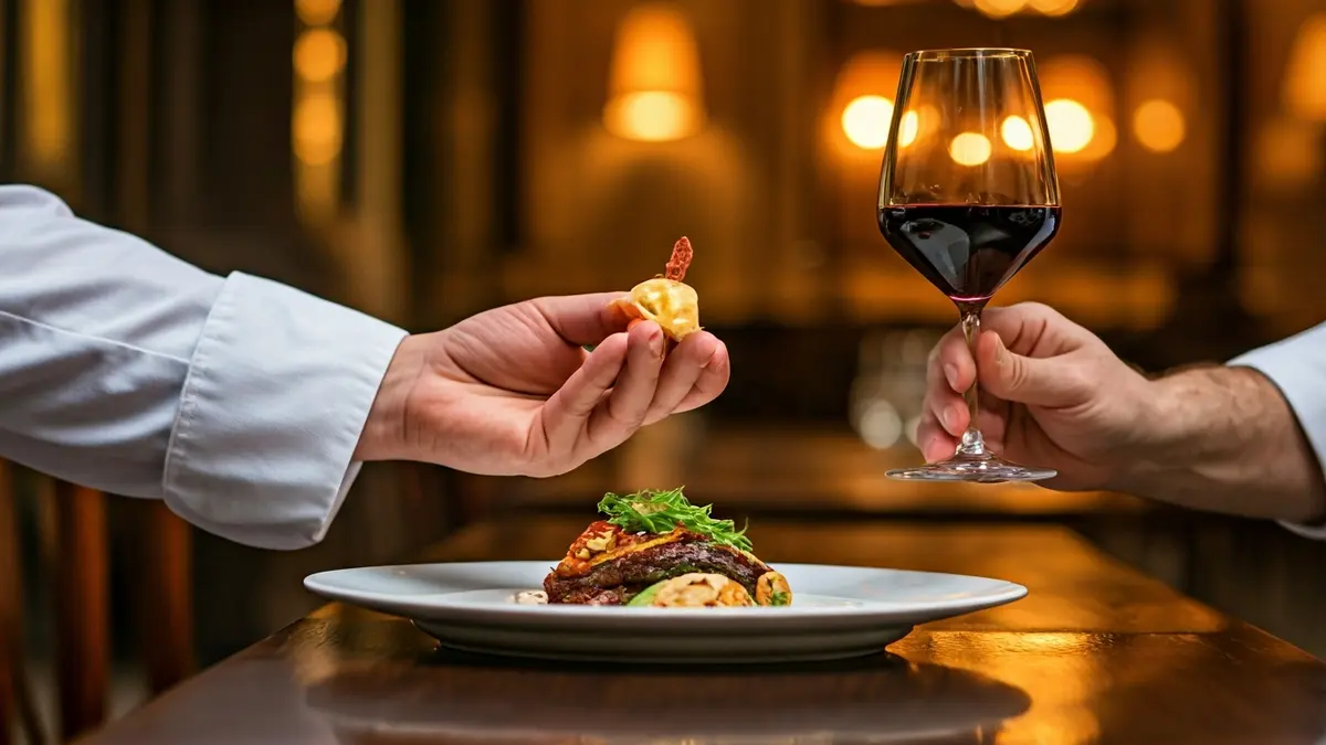 Image of haute cuisine with an elaborate dish and a glass of wine.