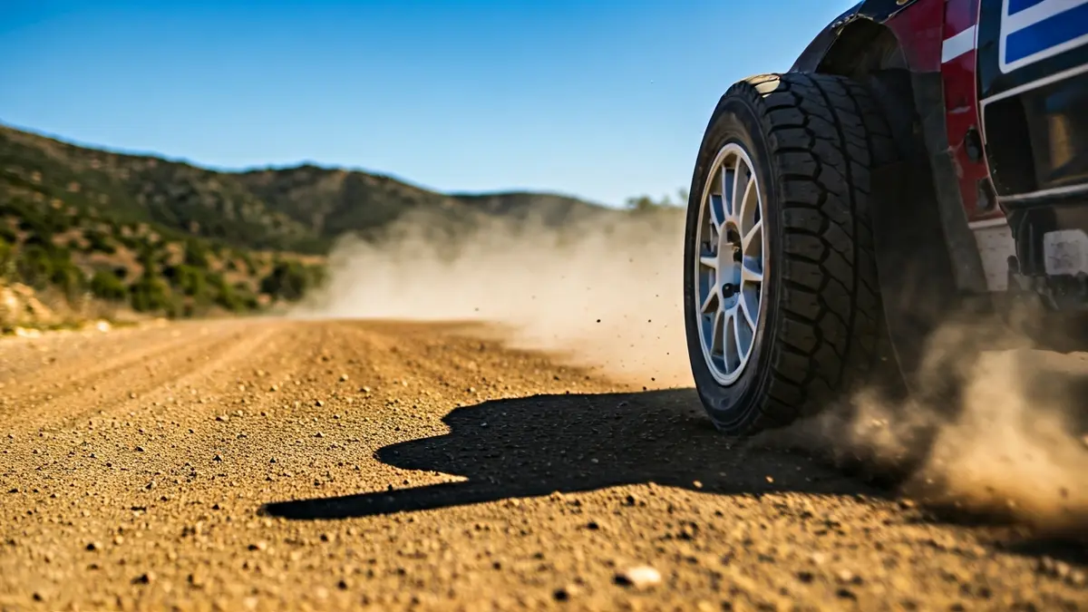 Imagen de un neumático de coche de rally en una carretera de tierra, con el fondo de una carretera de montaña andaluza borroso.