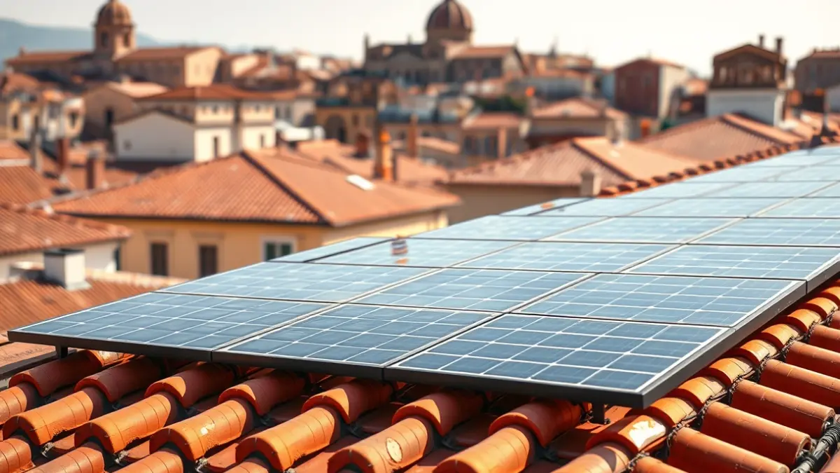Paneles solares instalados en un tejado de tejas en una ciudad histórica.
