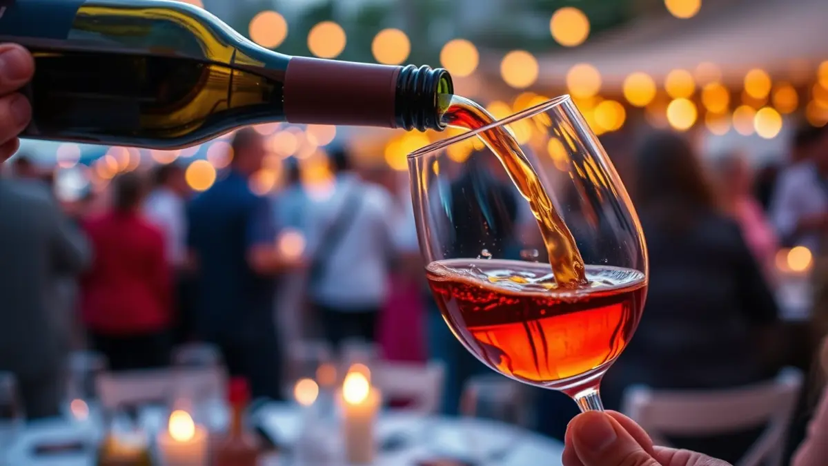 Imagen de una copa de vino siendo servida en un evento festivo.