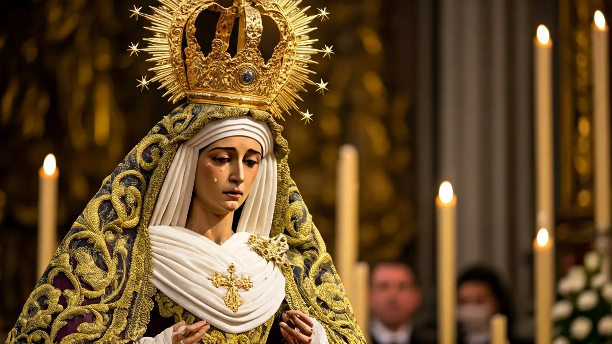 Image of the Virgin Mary, Queen of Our Joy, in a religious setting.