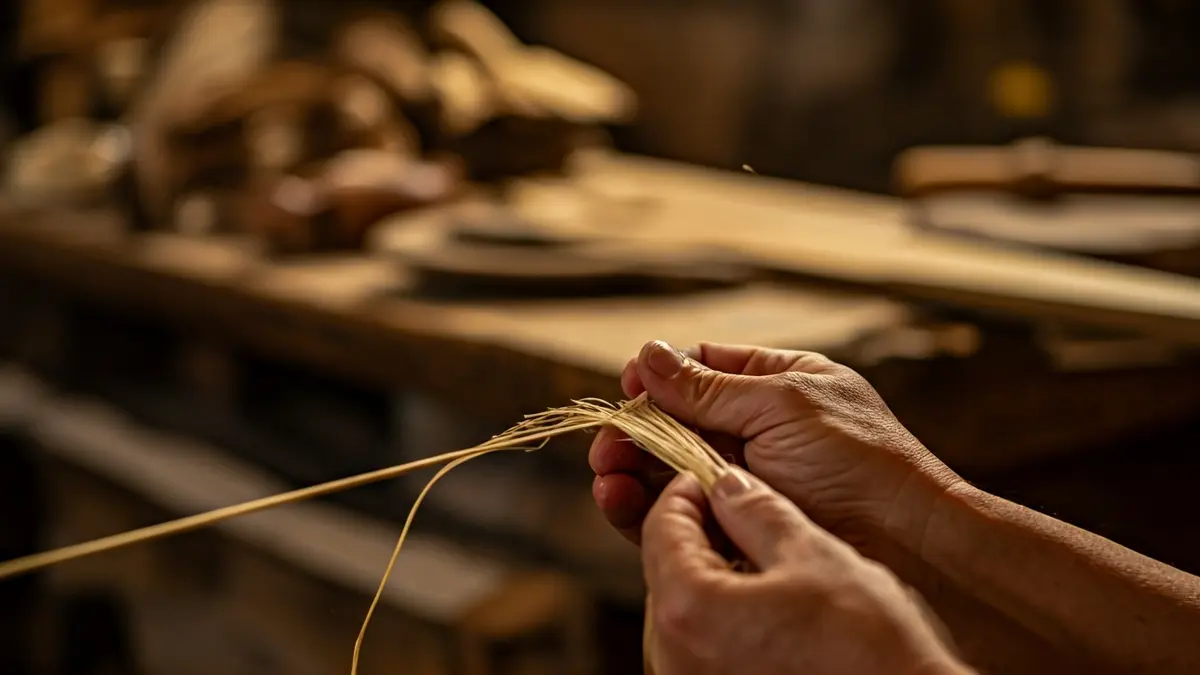 Manos de artesano trabajando con fibras naturales en un taller de Córdoba.