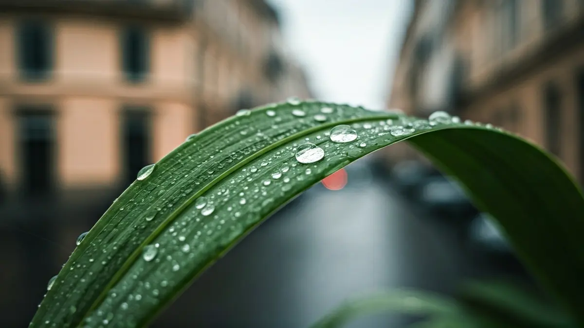 Imagen genérica de una hoja verde con gotas de rocío, reflejando edificios urbanos borrosos.