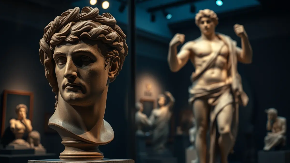 Busto romano de Germánico y estatua de Hércules en una exposición.