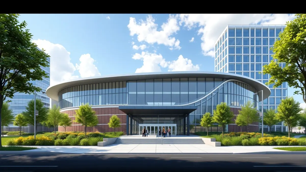 Imagen de un pabellón deportivo moderno con grandes ventanales y zonas verdes.