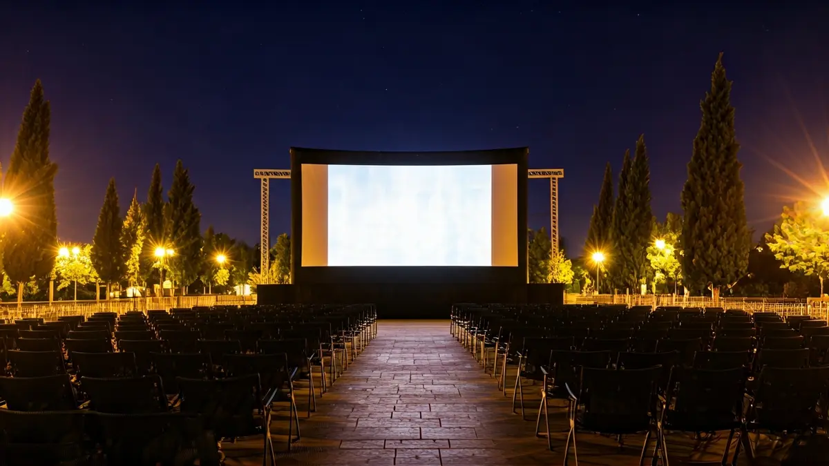 Image of an outdoor summer cinema in Córdoba, with the screen and empty chairs under moonlight.