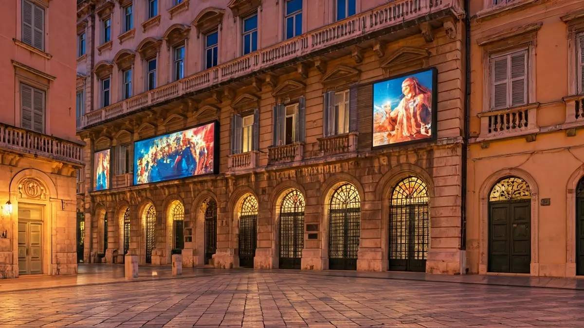 Pantallas digitales en la fachada de un teatro histórico en Córdoba.