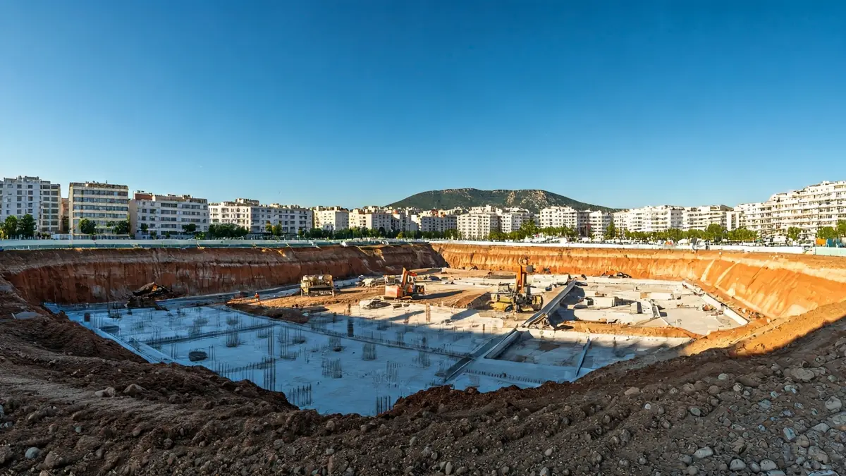 Image of a construction site with heavy machinery and foundations, under a blue sky in a Mediterranean city.