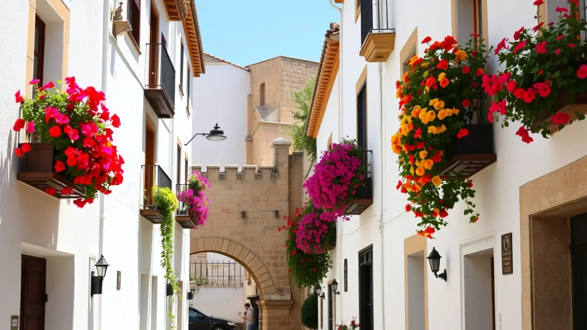 Imagen de una calle típica de Córdoba con geranios en los balcones, representando su atractivo urbano.