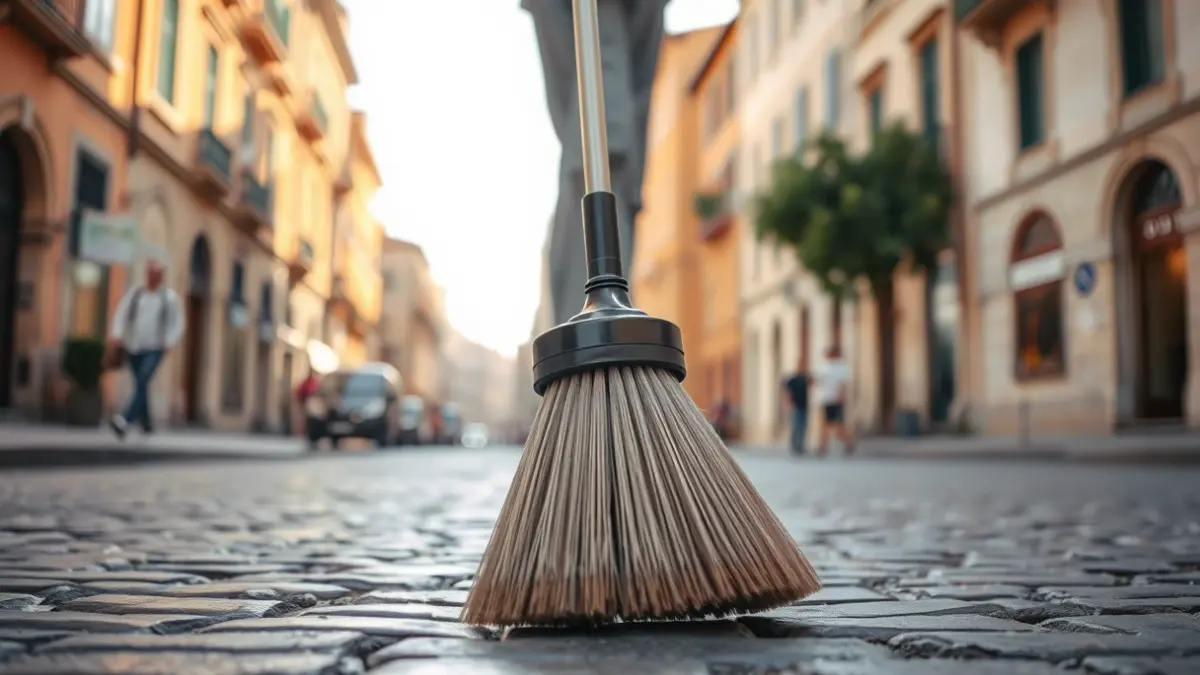 Imagen genérica de un cepillo de barrendero limpiando una calle adoquinada.