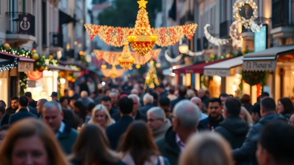 Imagen de una calle festiva en Córdoba durante el Mayo Festivo, con gente y luces.