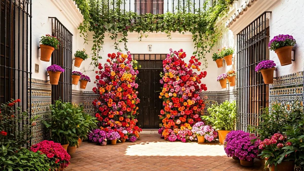 Instalación floral en un patio andaluz, con paredes blancas y azulejos.