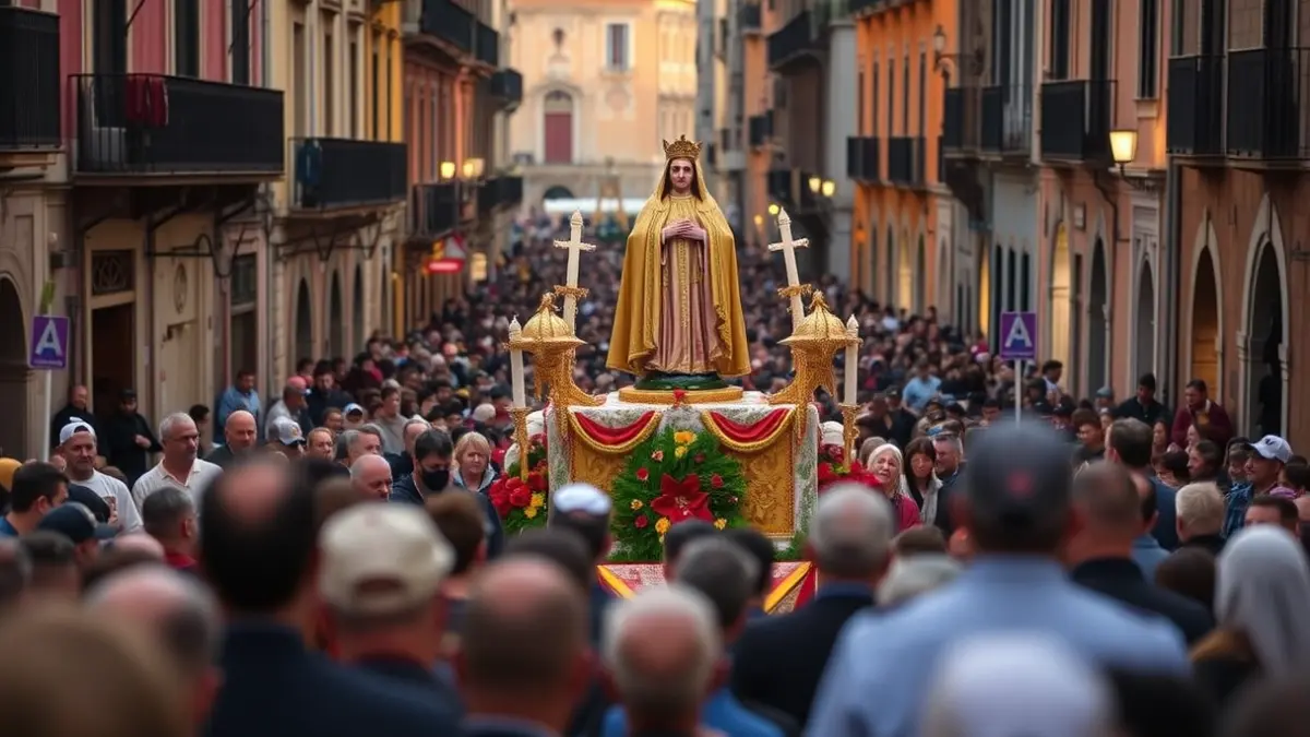 Imagen de una procesión religiosa en una calle histórica de Córdoba.