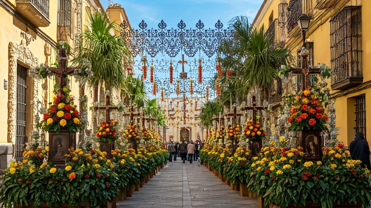 Imagen de las Cruces de Mayo en Córdoba, con adornos florales y ambiente festivo.