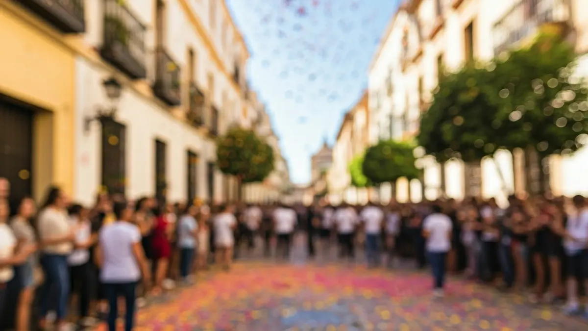 Imagen de una calle festiva en Córdoba con confeti y ambiente de celebración.