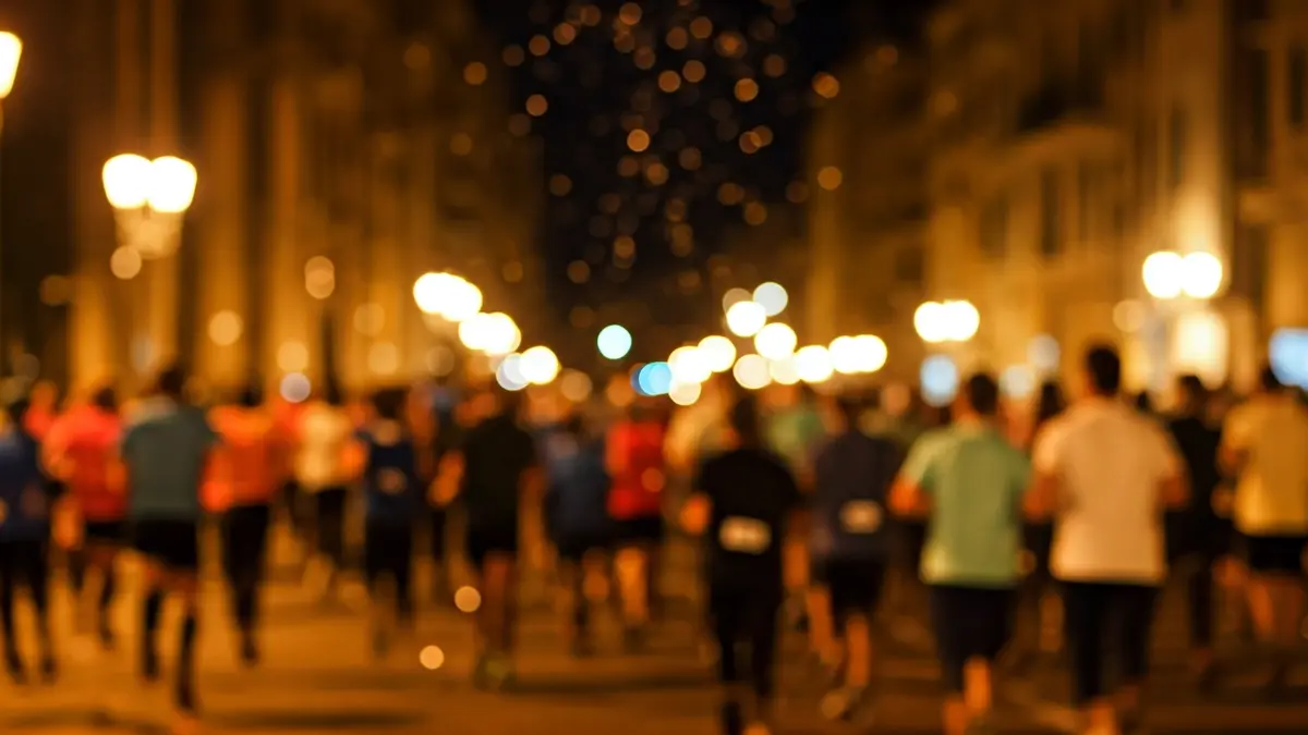 Imagen genérica de una carrera nocturna con participantes y luces de la ciudad.