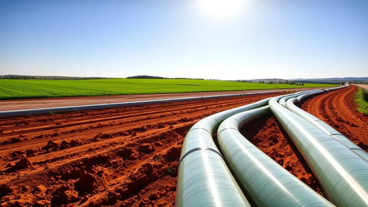 Generic image of irrigation pipes in an Andalusian field under the sun.
