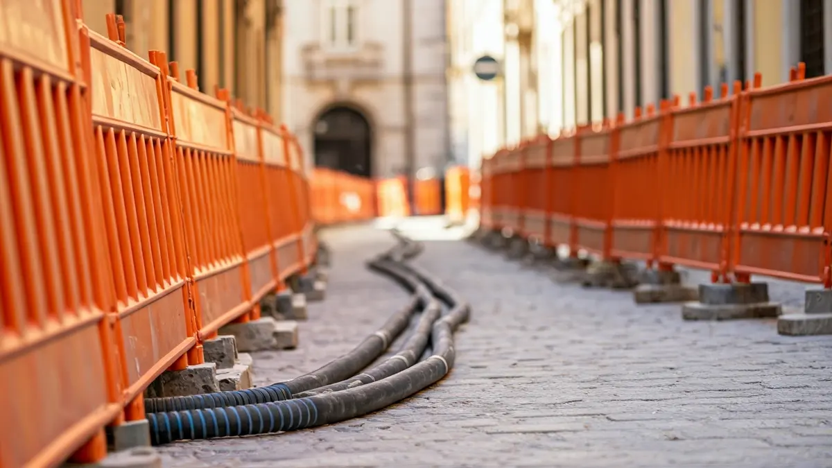 Imagen genérica de una calle en obras con barreras de seguridad y tuberías expuestas.