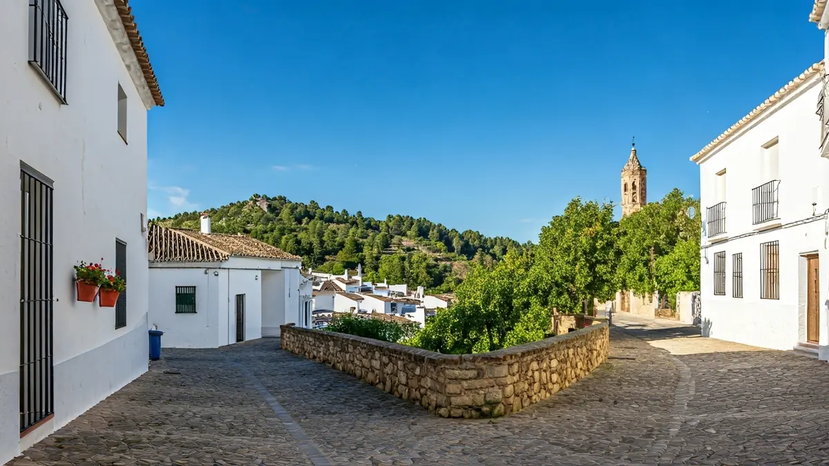 View of Corterrangel, a medieval hamlet in the Huelva mountains, with whitewashed houses and cobblestone streets.