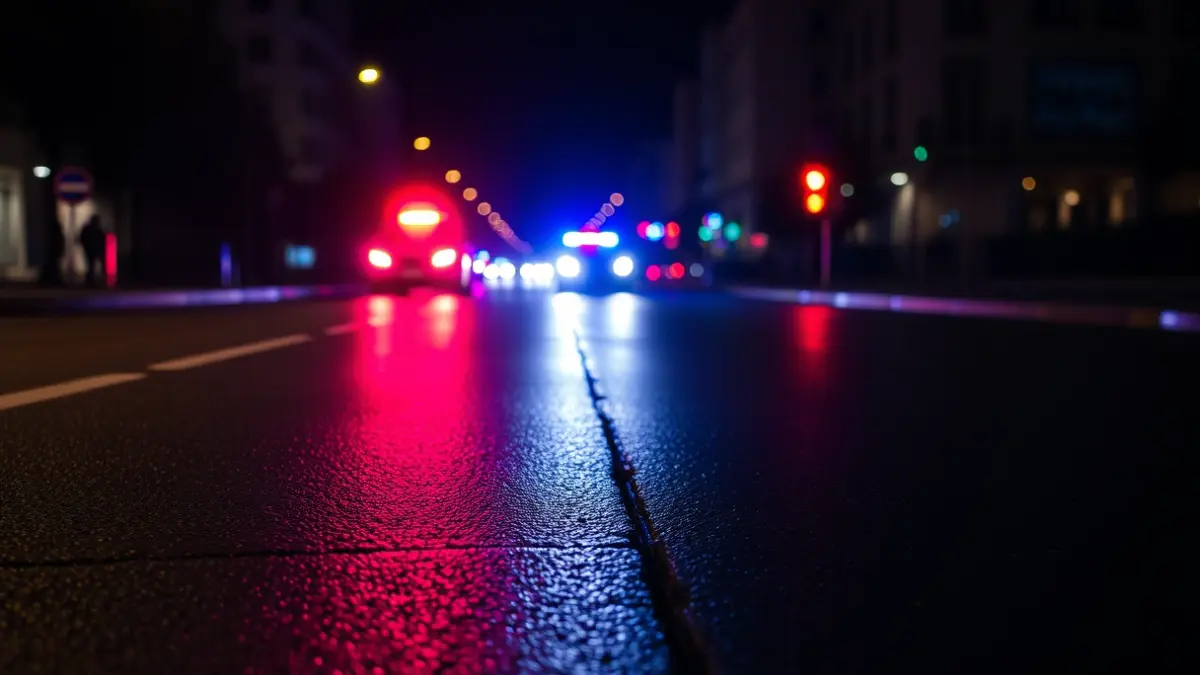 Imagen genérica de luces de emergencia en una calle mojada por la noche.