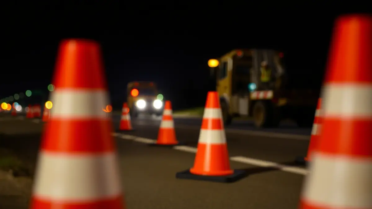 Generic image of nighttime road construction with safety cones and flashing lights.