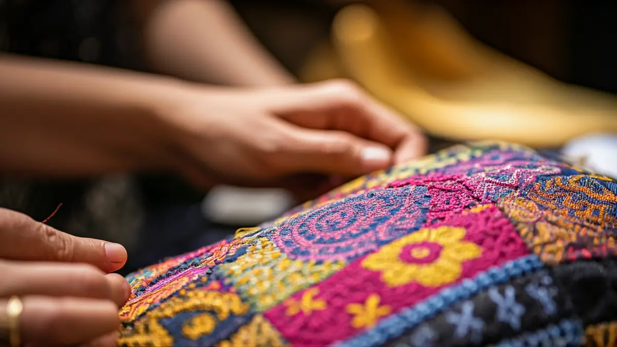 Imagen genérica de manos trabajando en artesanía textil, con telas y hilos de colores.