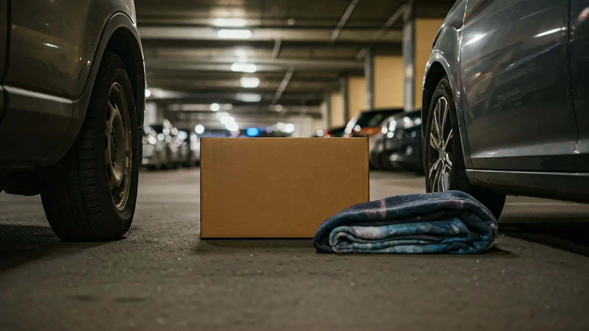 Imagen de cartones y una manta en el suelo entre coches aparcados en un parking subterráneo.