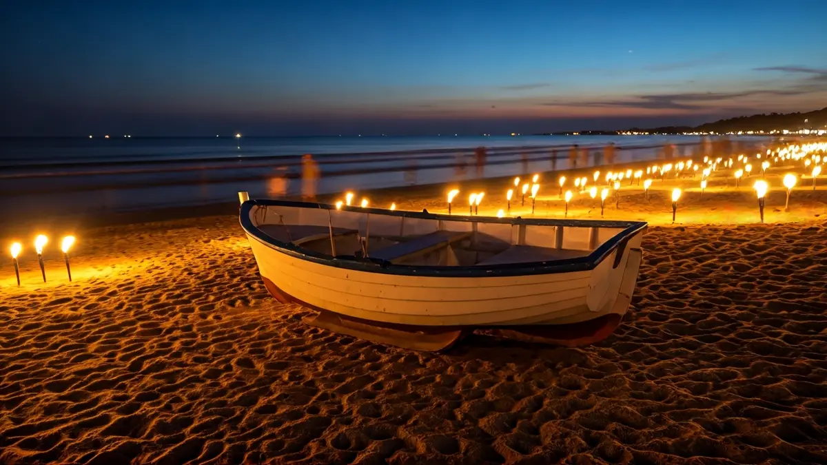 Image of a small boat surrounded by candles on a beach during a vigil.