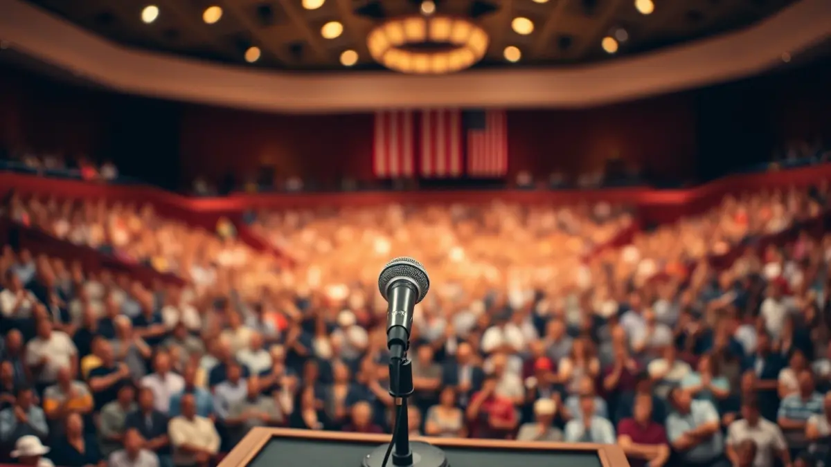 Generic image of a podium with a microphone at a political event.