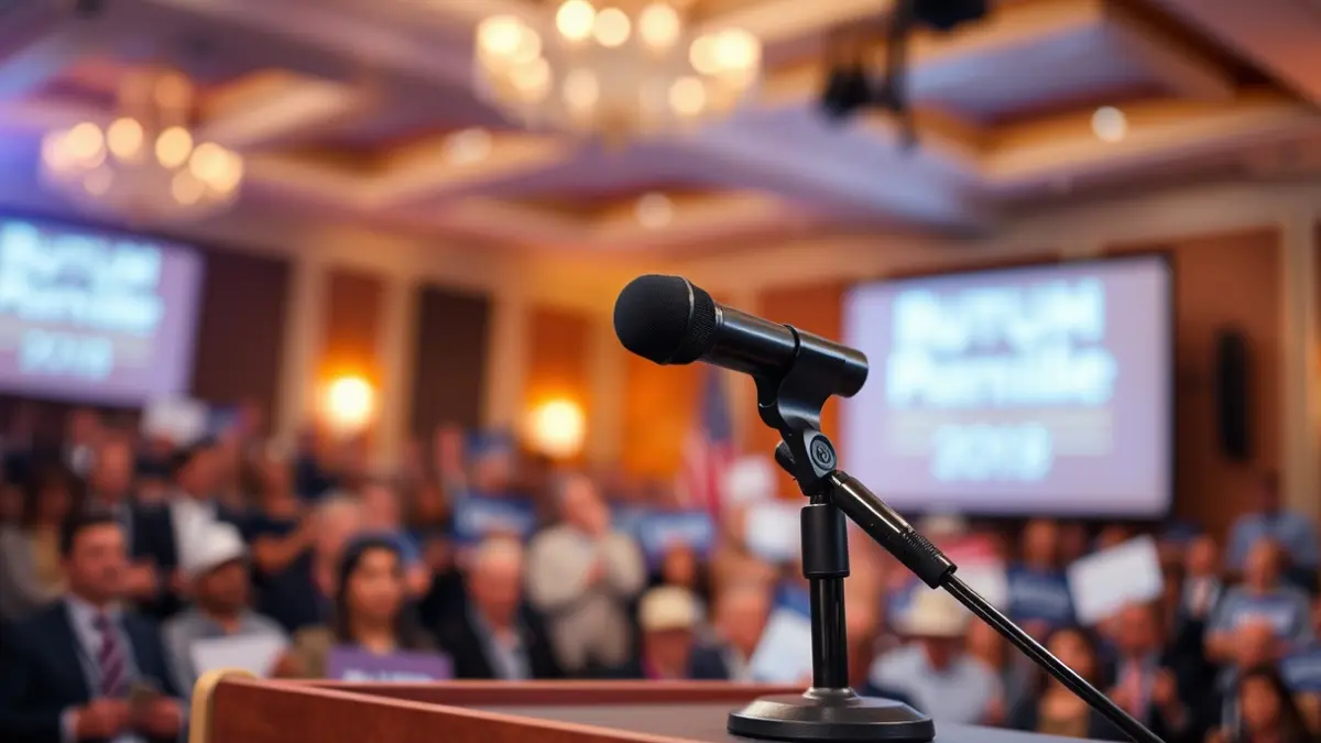 Imagen genérica de un micrófono en un podio durante un evento político.