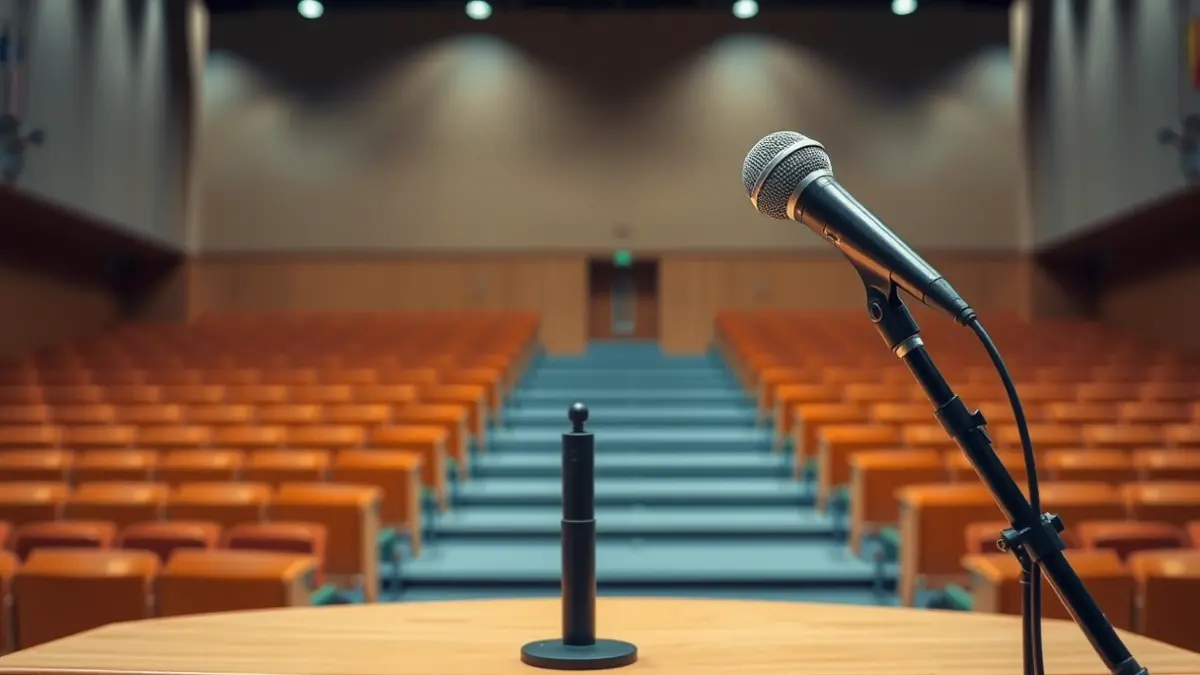 Imagen genérica de un atril con micrófono en un aula universitaria vacía.