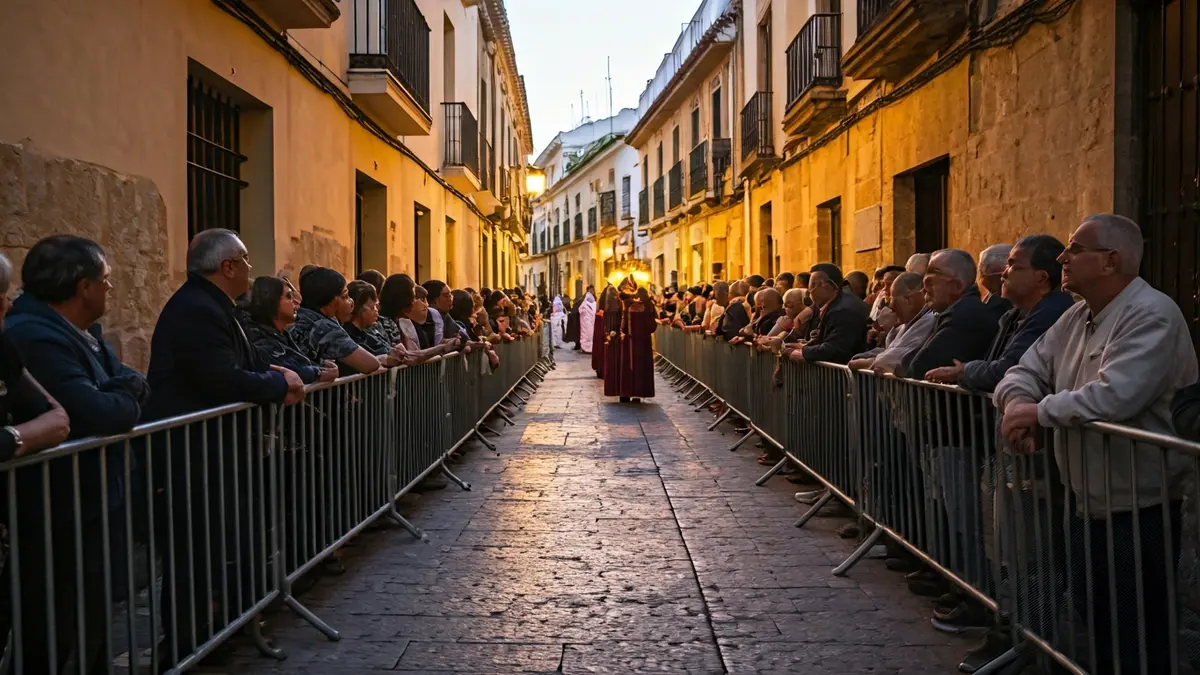 Imagen de una multitud detrás de vallas en una calle estrecha durante una procesión en Sevilla.