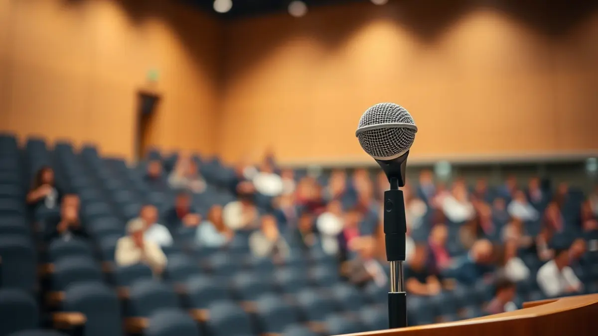 Generic image of a microphone on a podium in a university lecture hall.
