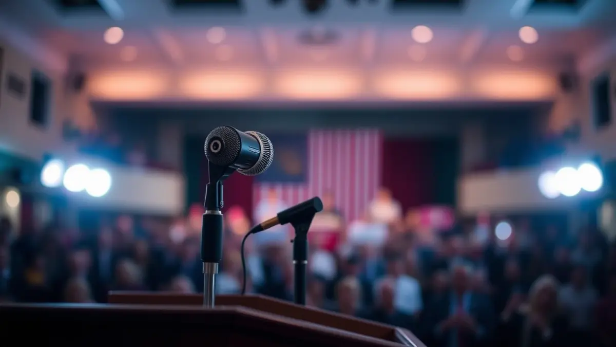 Imagen genérica de un micrófono en un podio durante un evento político.
