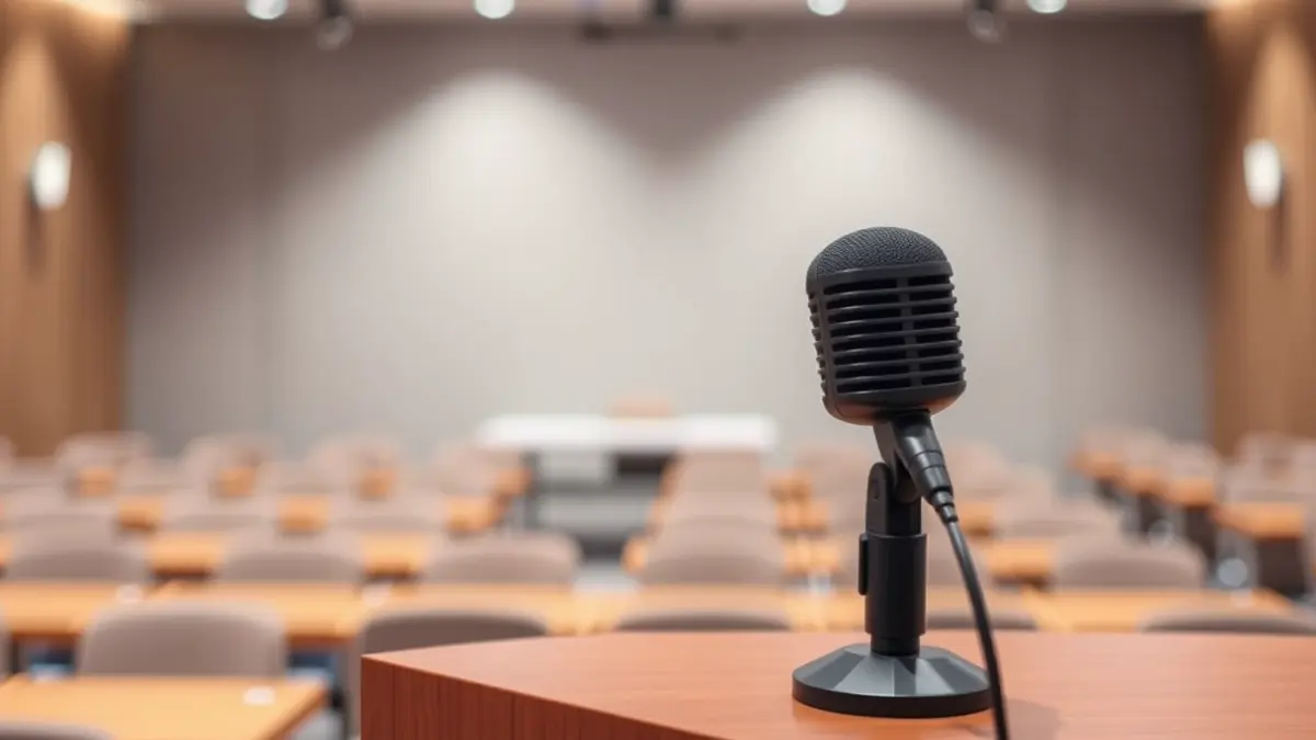 Imagen genérica de un micrófono en un podio en una sala de reuniones vacía, simbolizando la inactividad de un órgano de coordinación.