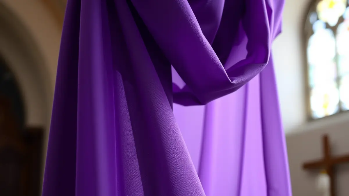 Imagen de una cruz cubierta con un velo morado, simbolizando una antigua tradición litúrgica.