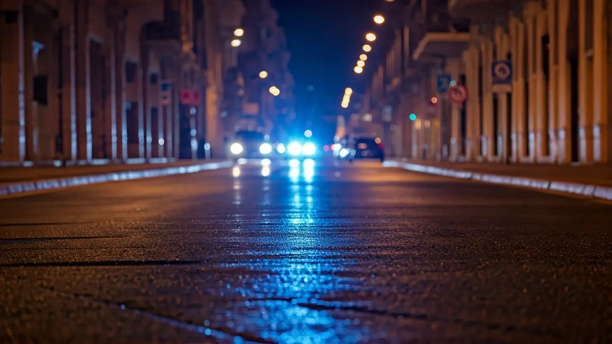 Generic image of police emergency lights reflecting on wet asphalt.
