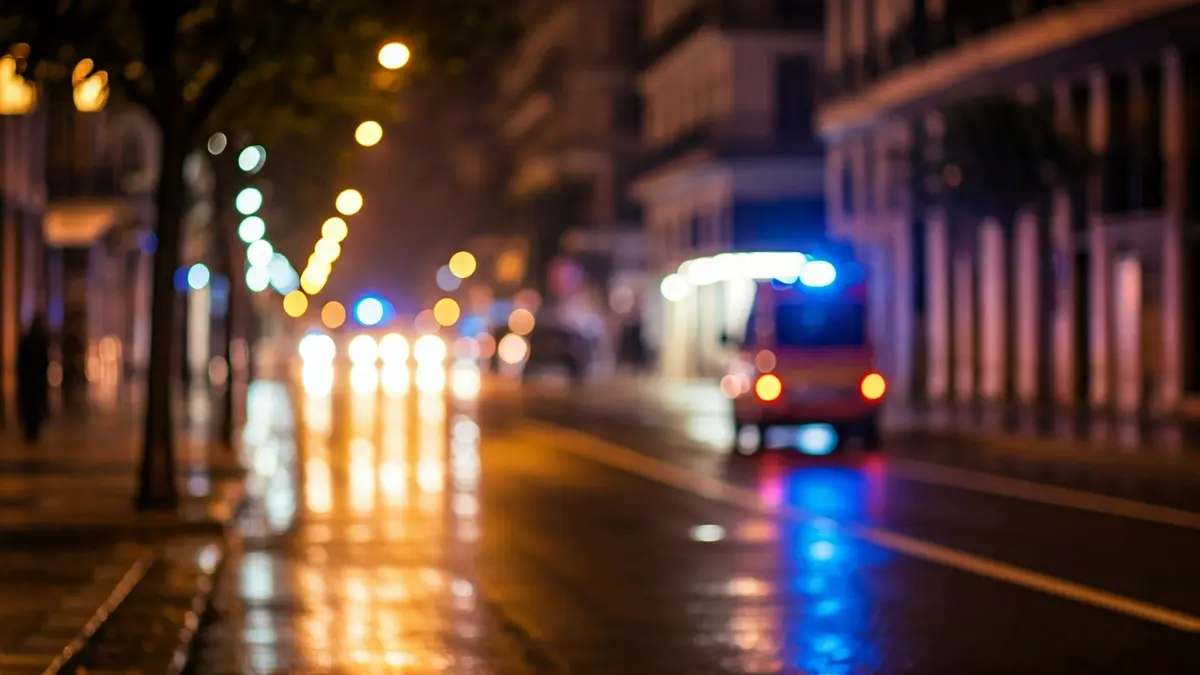 Imagen genérica de luces de emergencia reflejadas en el asfalto mojado de una calle urbana por la noche.