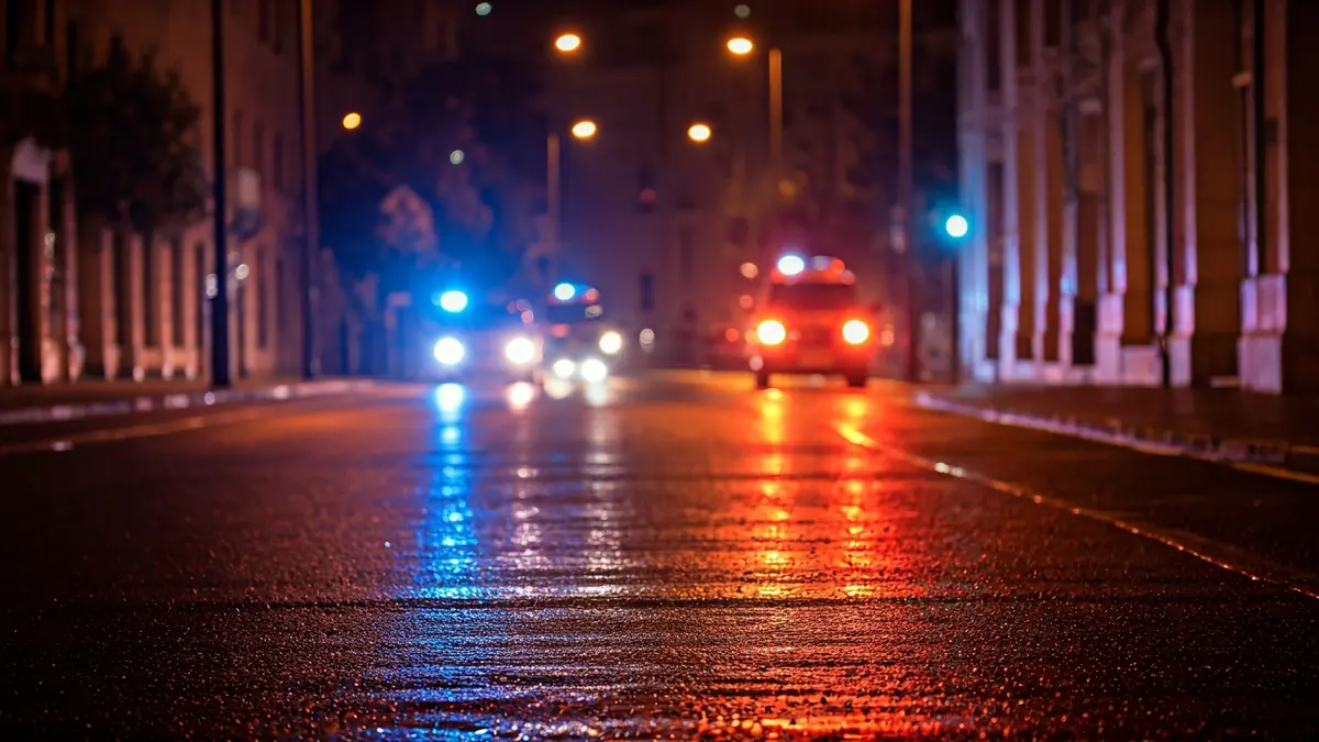Imagen genérica de luces de emergencia reflejadas en el asfalto mojado por la noche.