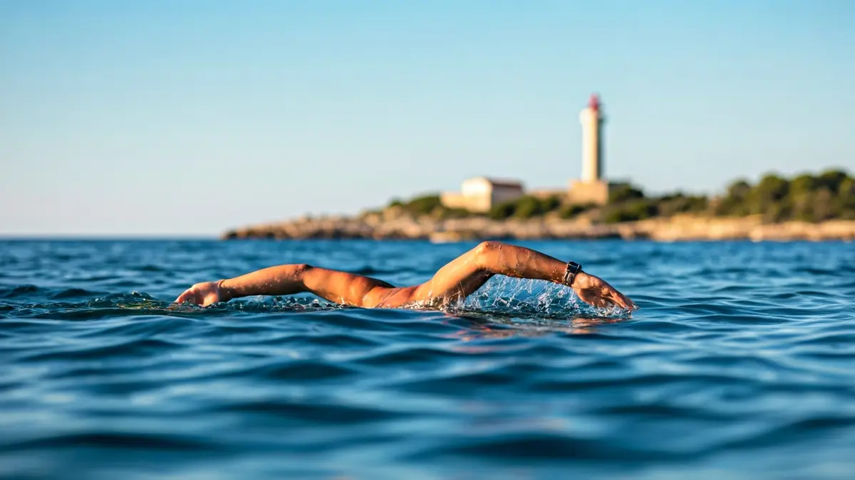 Generic image of an open water swimmer with a coastline in the background.
