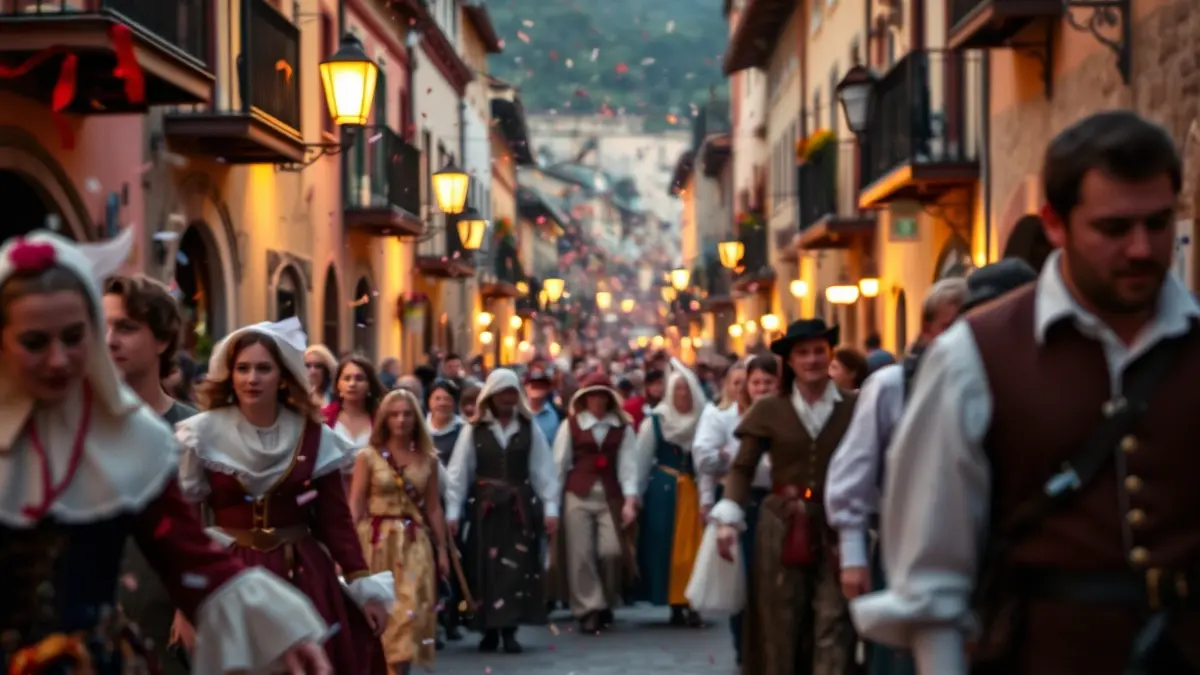 Image of the Moors and Christians celebration in an Andalusian town, with a festive atmosphere and people in the street.