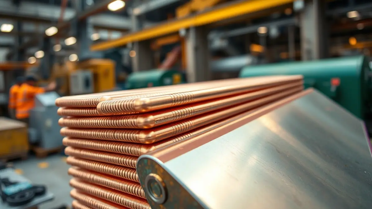 Image of copper cathodes in an industrial plant, symbolizing green copper production.