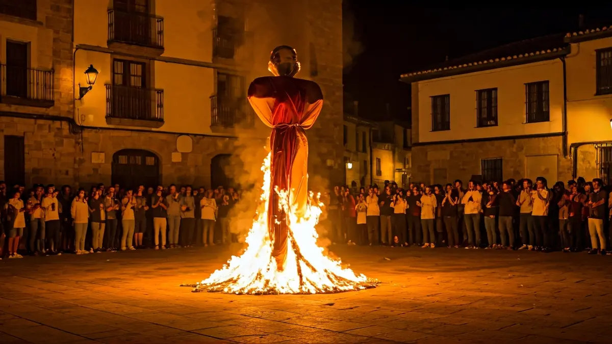 Imagen de una efigie en llamas durante la Quema de Judas en El Burgo, Málaga.