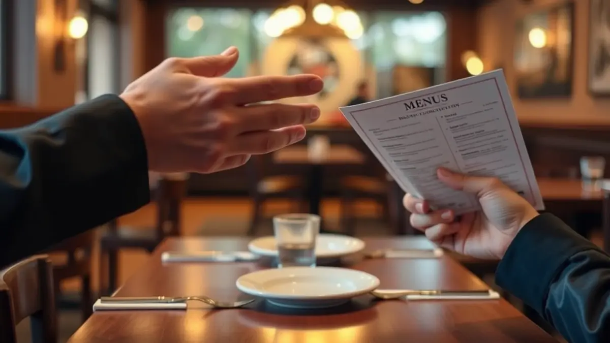 Generic image of hands in a restaurant, one pointing at a menu and the other gesturing.