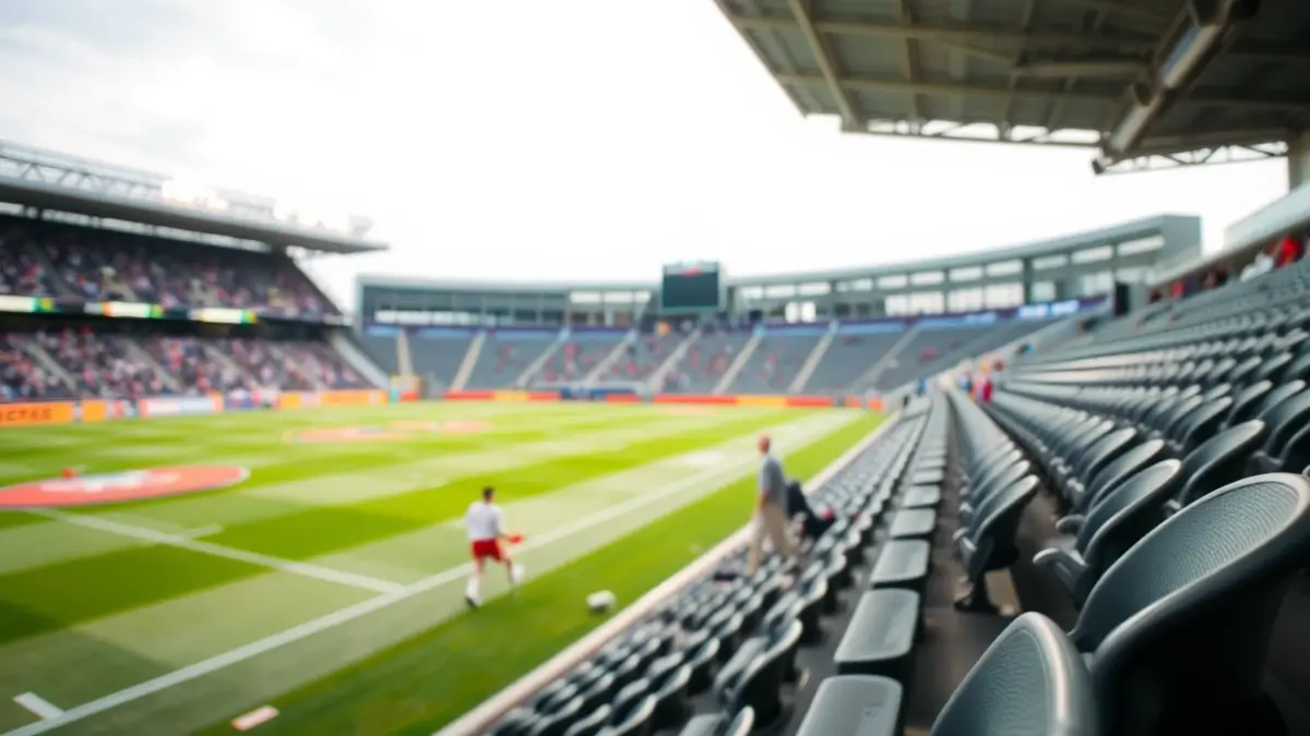 Generic image of empty football stadium stands, with blurred figures in the background.