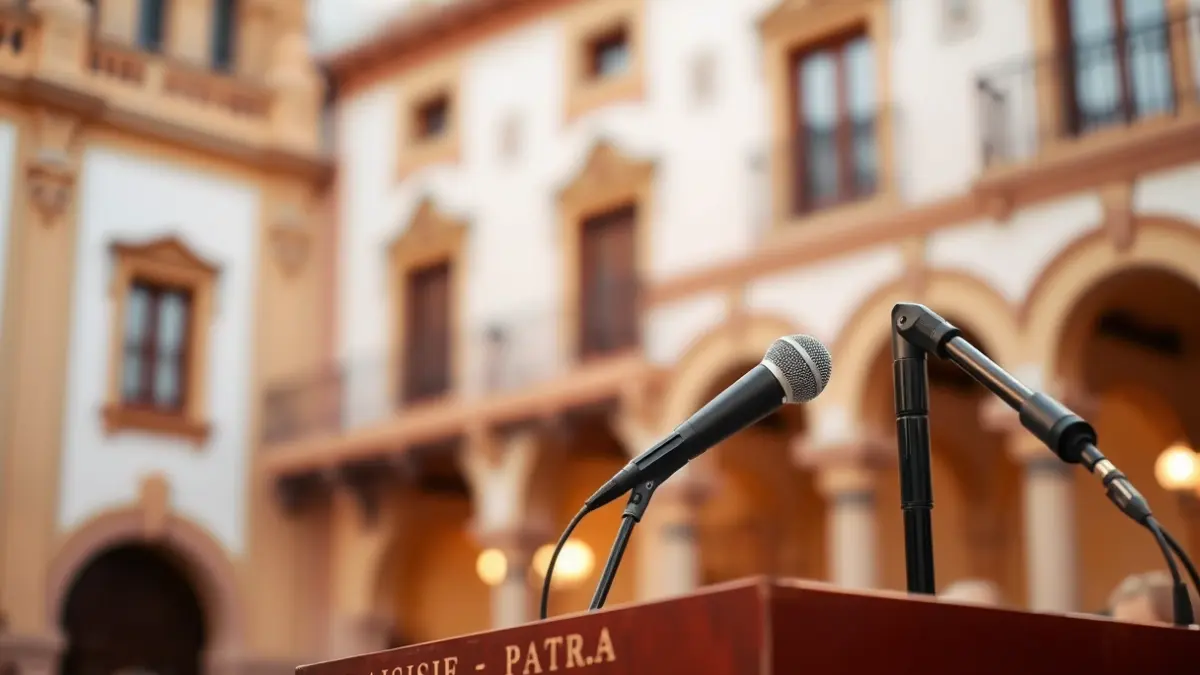 Generic image of a microphone on a podium, symbolizing a public debate.