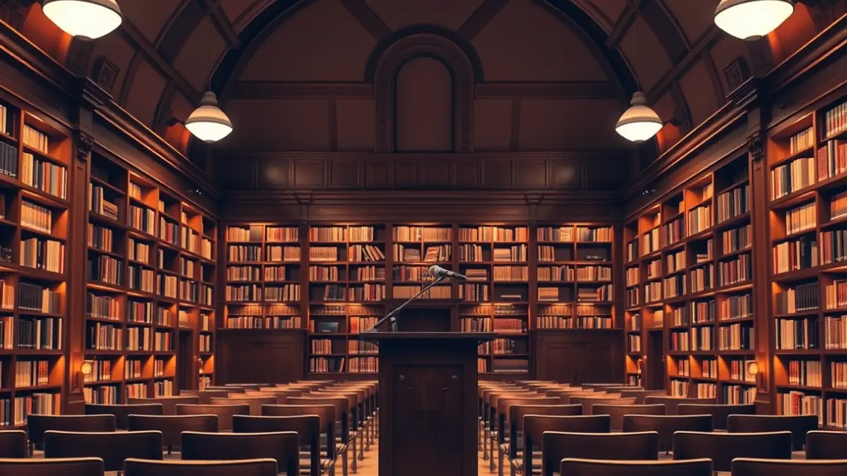 Generic image of a presentation room or library with a microphone on a podium.