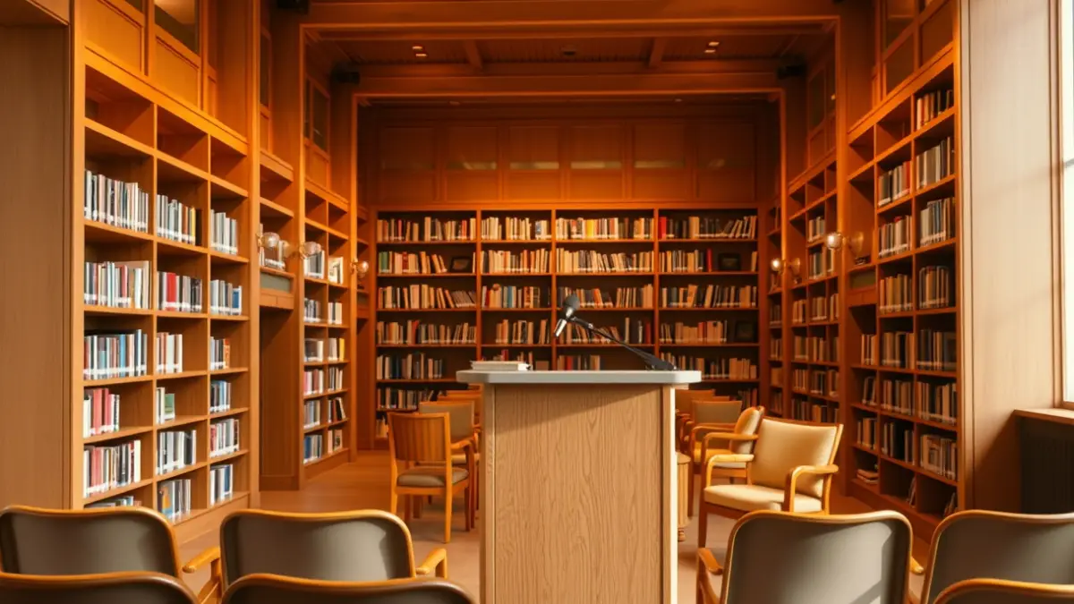 Imagen genérica de un interior de biblioteca con estanterías de madera y un podio con micrófono.