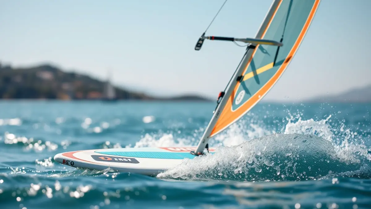 Imagen genérica de un windsurfista con foil elevándose sobre el agua en una bahía soleada.